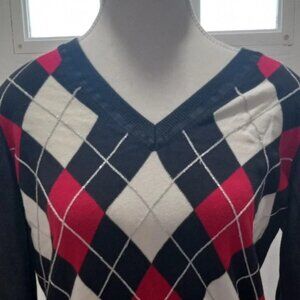 Tommy Hilfiger Women V-Neck Argyle Sweater Size Medium